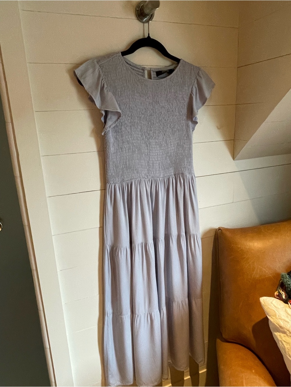 Smocked Bodice Tiered Maxi Dress in Light Gray